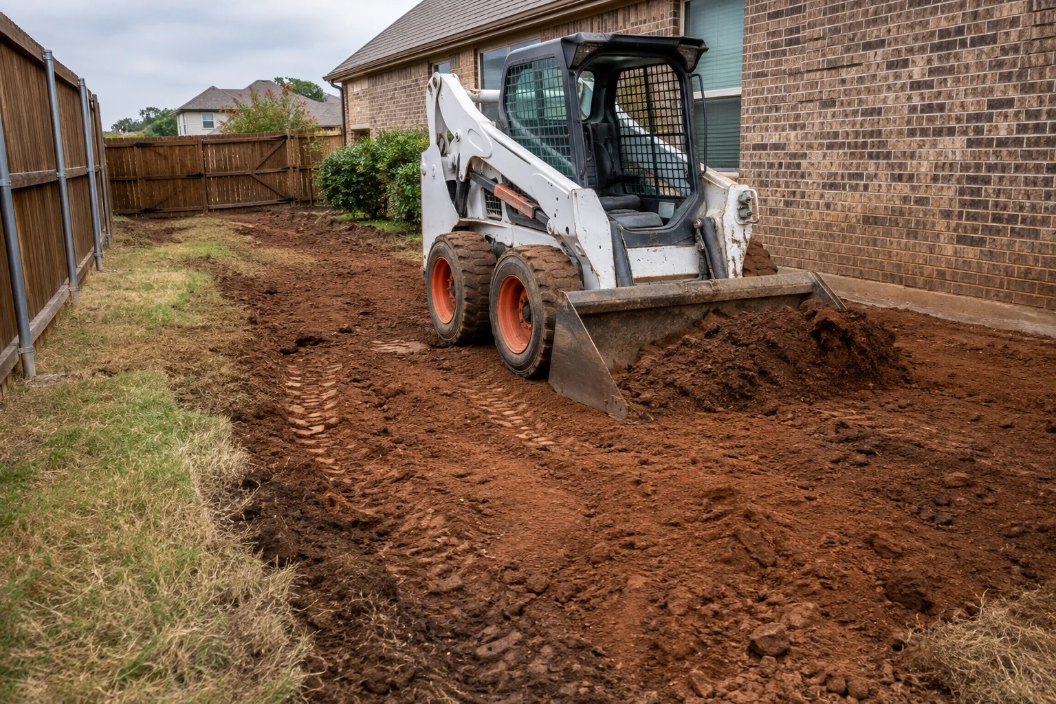 Representative image showing compact skid-steer grading beside a residence